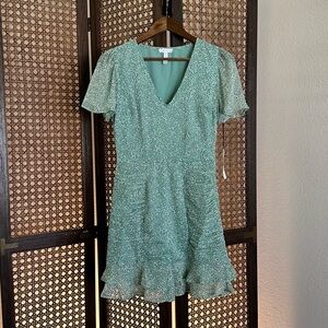 Leith green white ruched mini dress